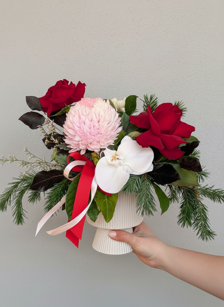 Christmas table, Centre pink and red and white.